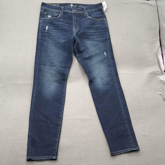 7 For All Mankind Adrien Jeans Mens 33 Blue Dark Wash Slim Tapered Stretch Denim - Picture 1 of 9